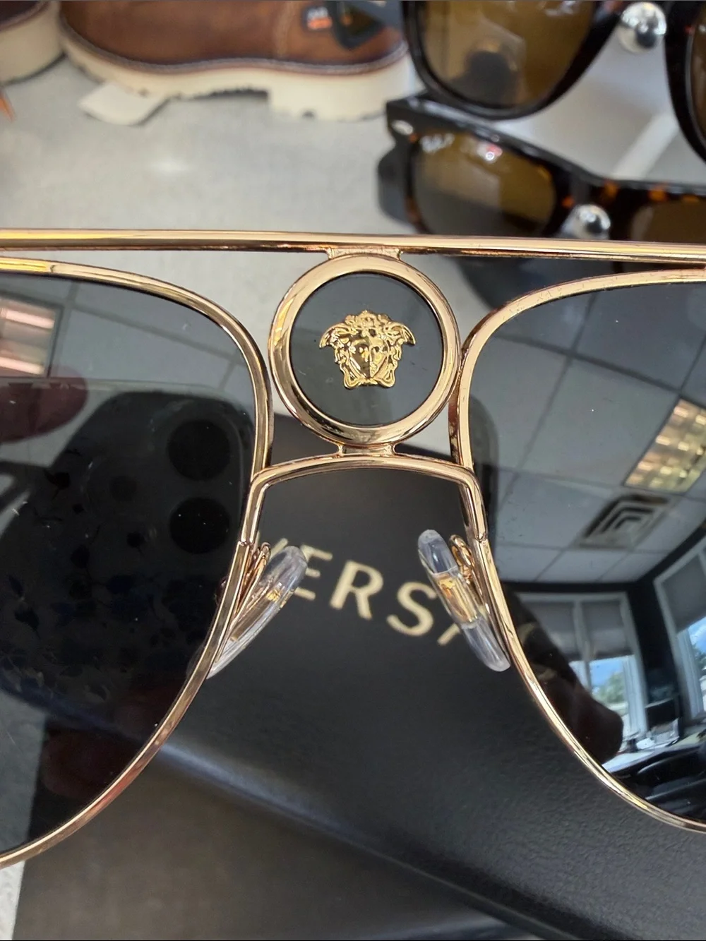 Versace Gold Frame Black Lens Aviator Sunglasses with Medusa Crest